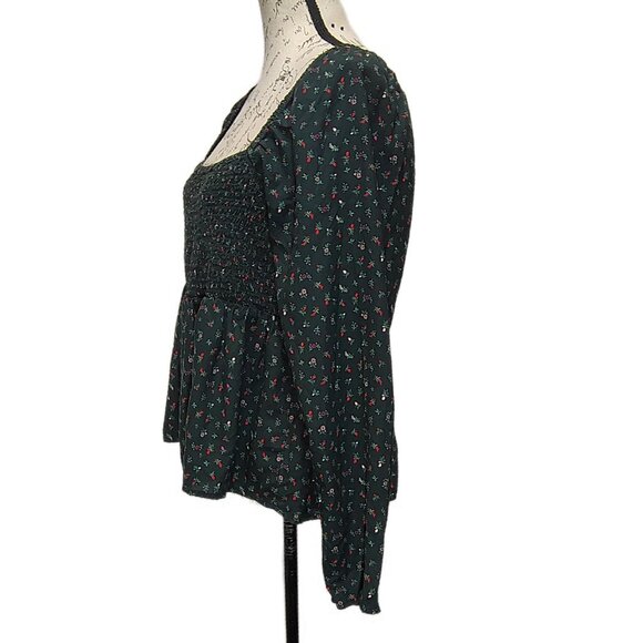 Old Navy Milkmaid Top XL Dark Foral Smocked Long Sleeve Peplum Peasant Boho Fall - Picture 3 of 7